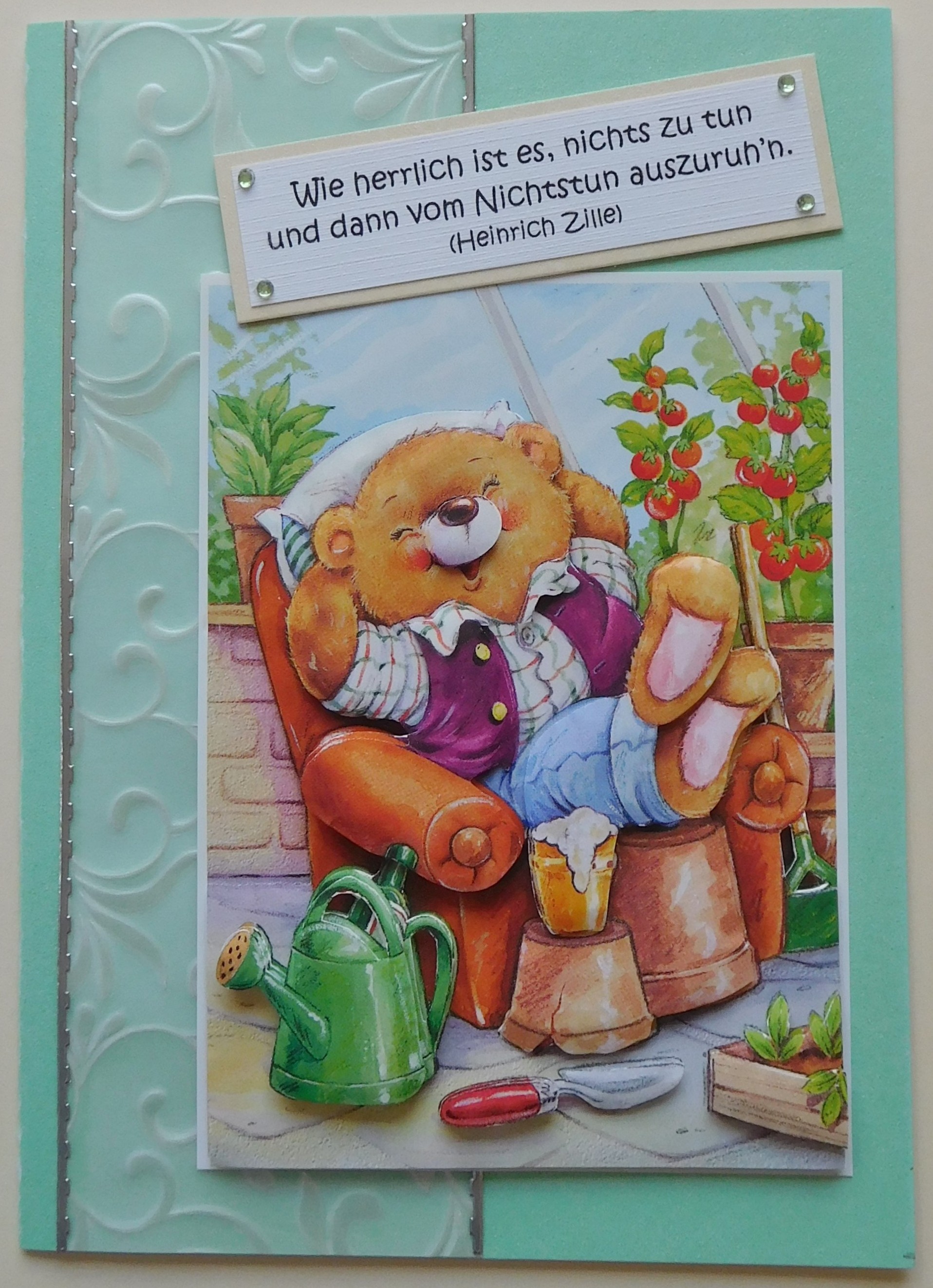 Karte zum Ruhestand mit entspanntem Bärenmotiv und Spruch