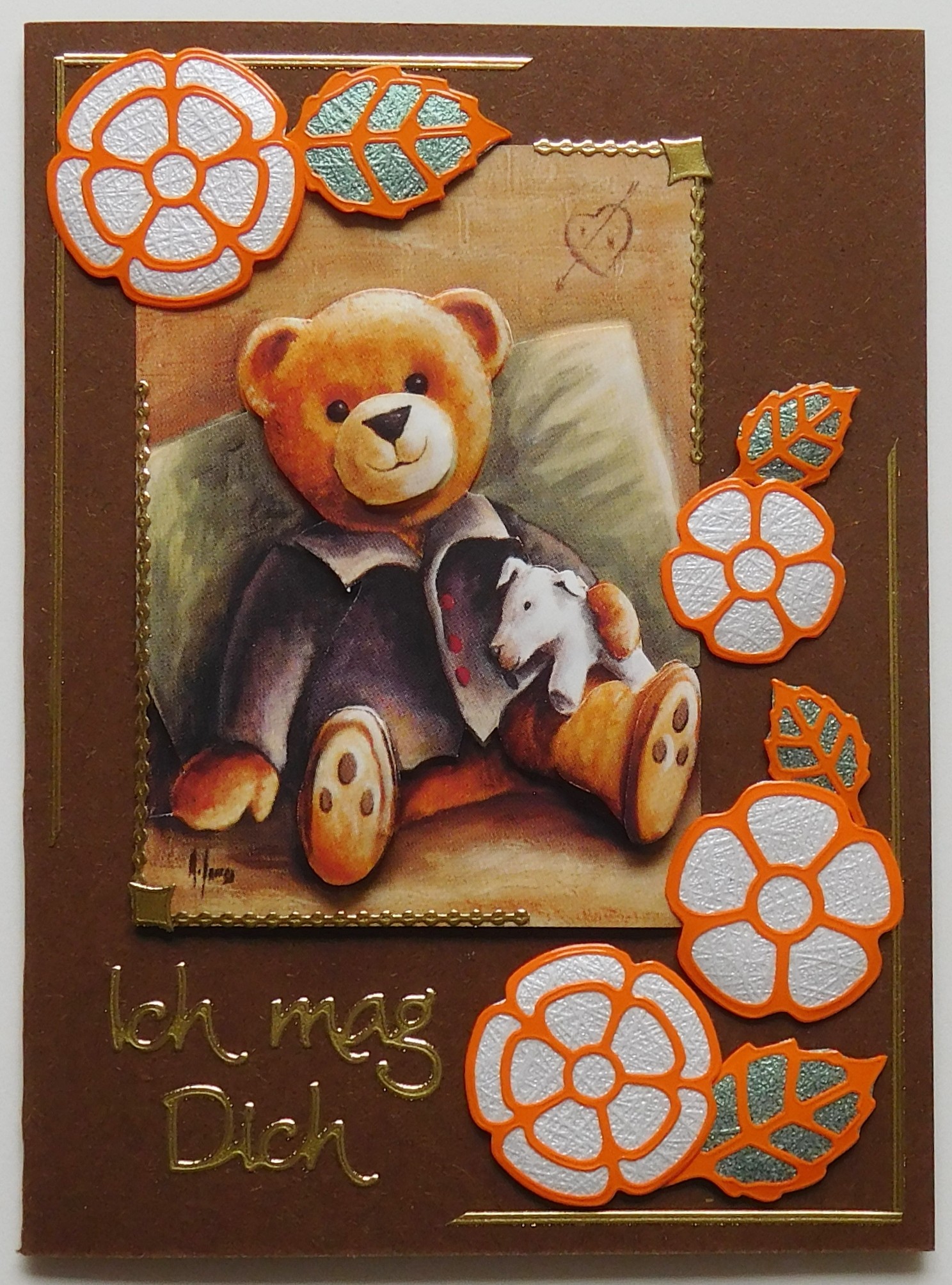 Karte mit Teddy und Blumenstickern