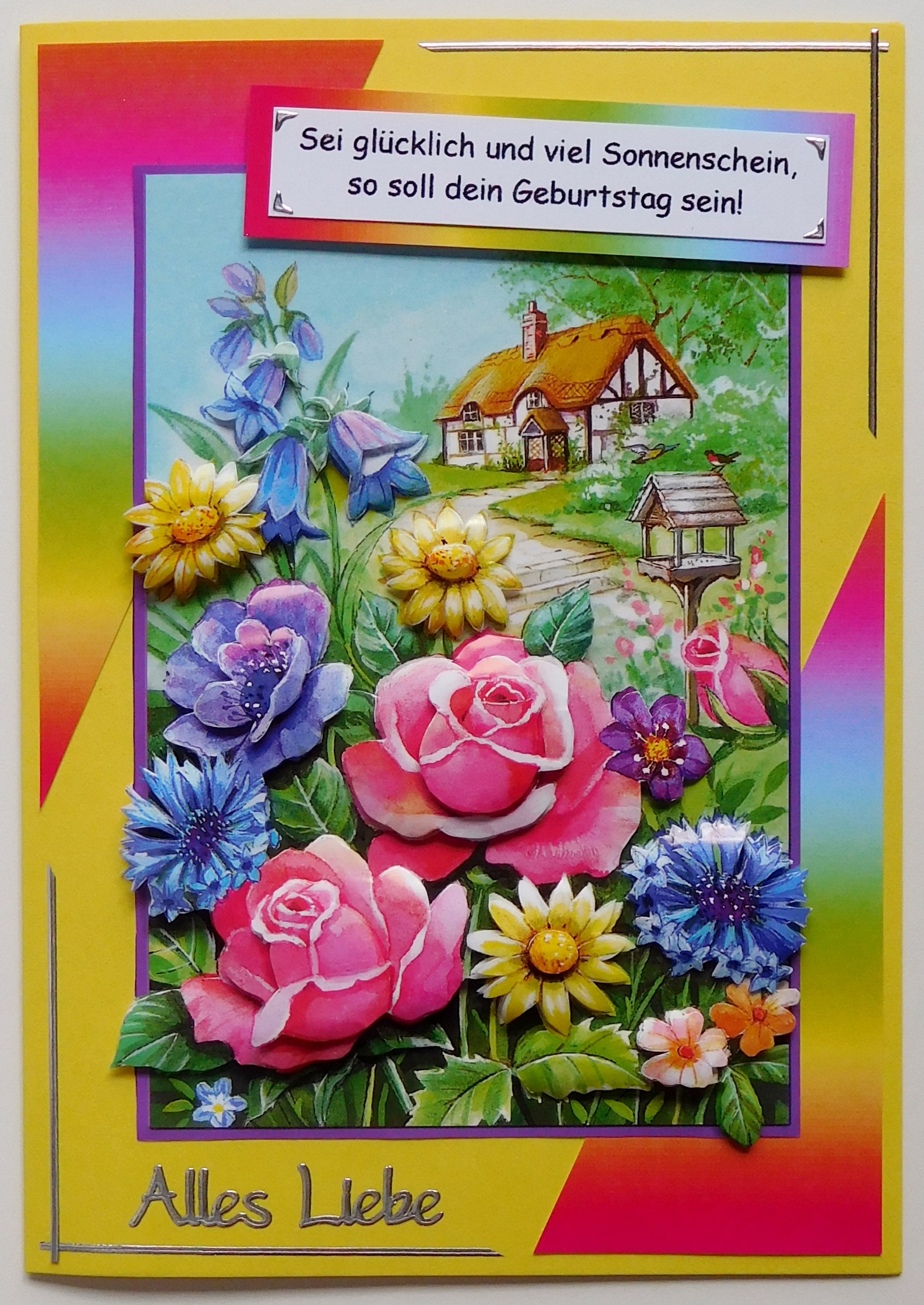 Karte mit Blumen, Haus und Spruch