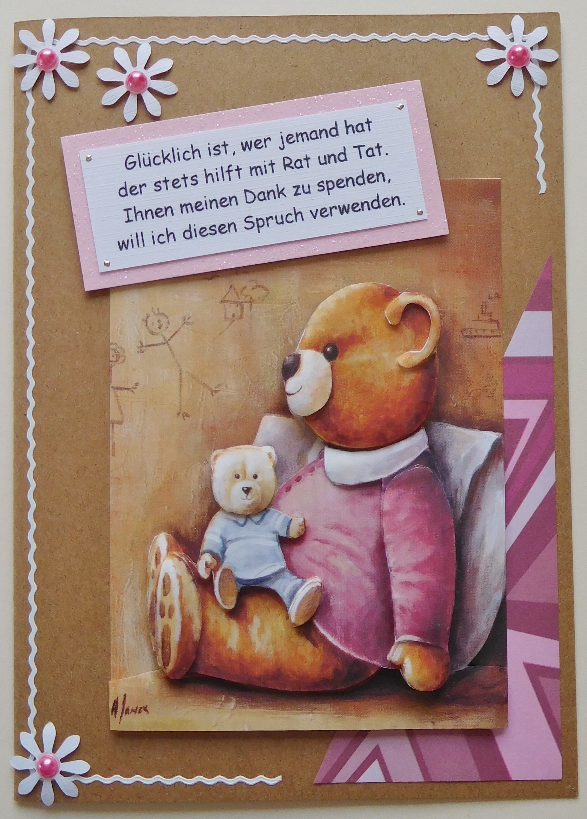 Dankeschön-Karte mit Teddybär und Blümchen