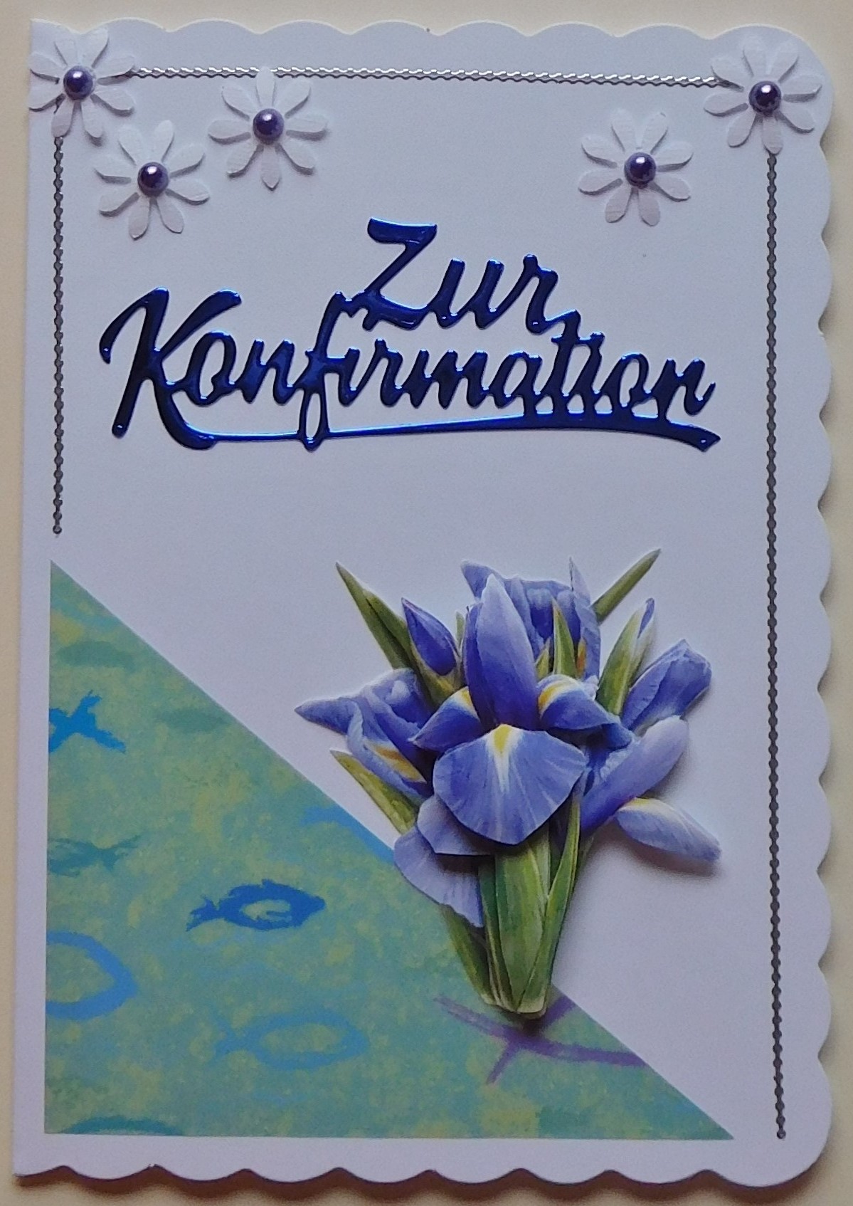 Konfirmationskarte mit Blumenmotiv und Fischsymbolik