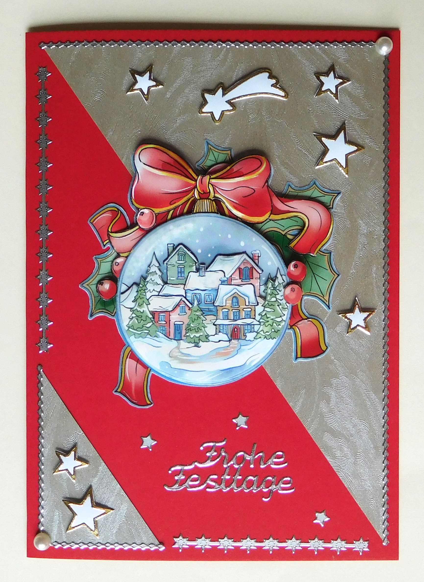 Weihnachtskarte mit Dorf und Sternen