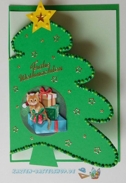 Weihnachtskarte in Tannenform mit vollständig beklebter Kontur aus Steinchen