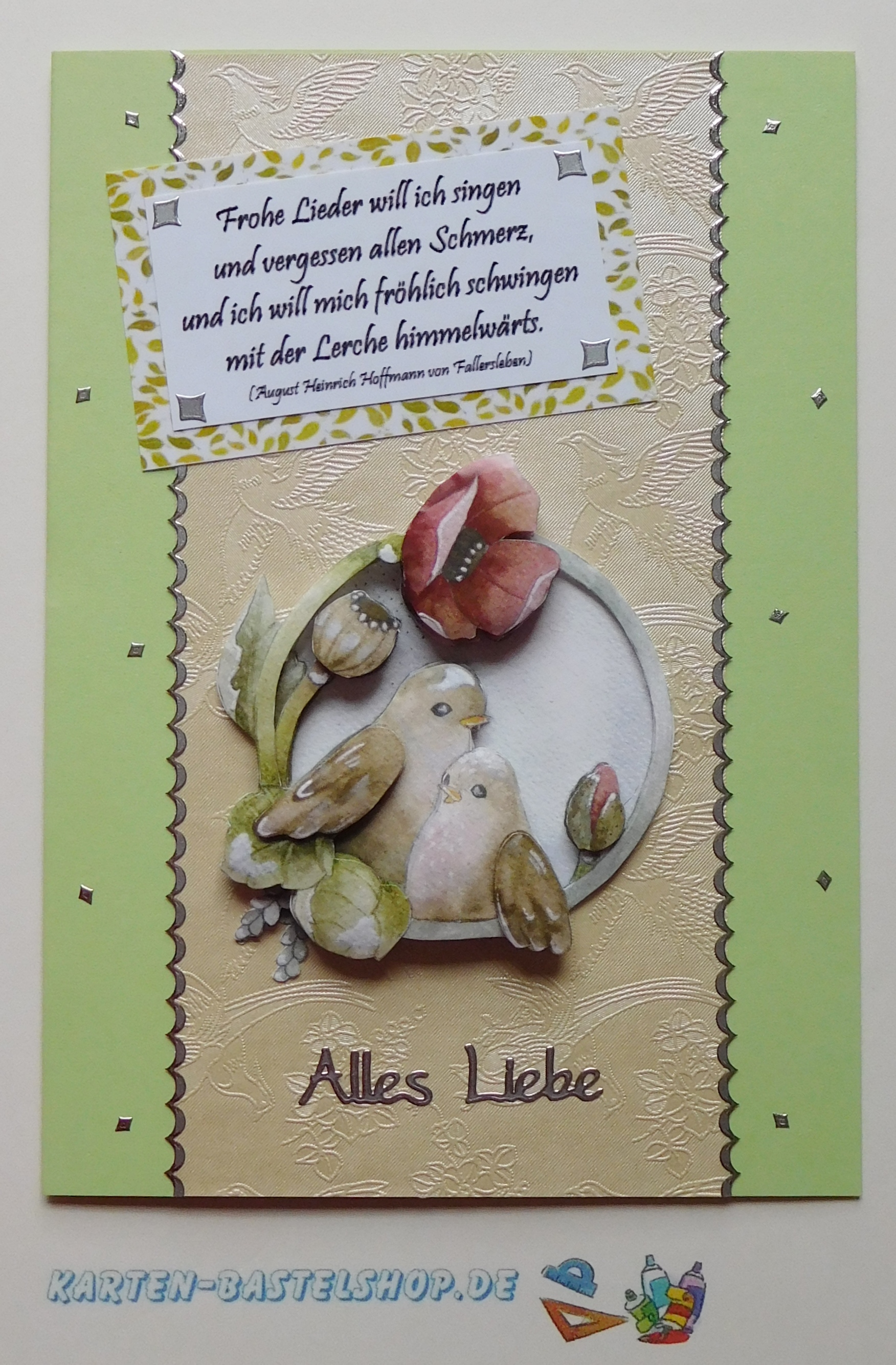 Grußkarte mit Vogelmotiv, Frühlingsgedicht und zarten Grüntönen aus dem Stanzbogenbuch Nr. 21