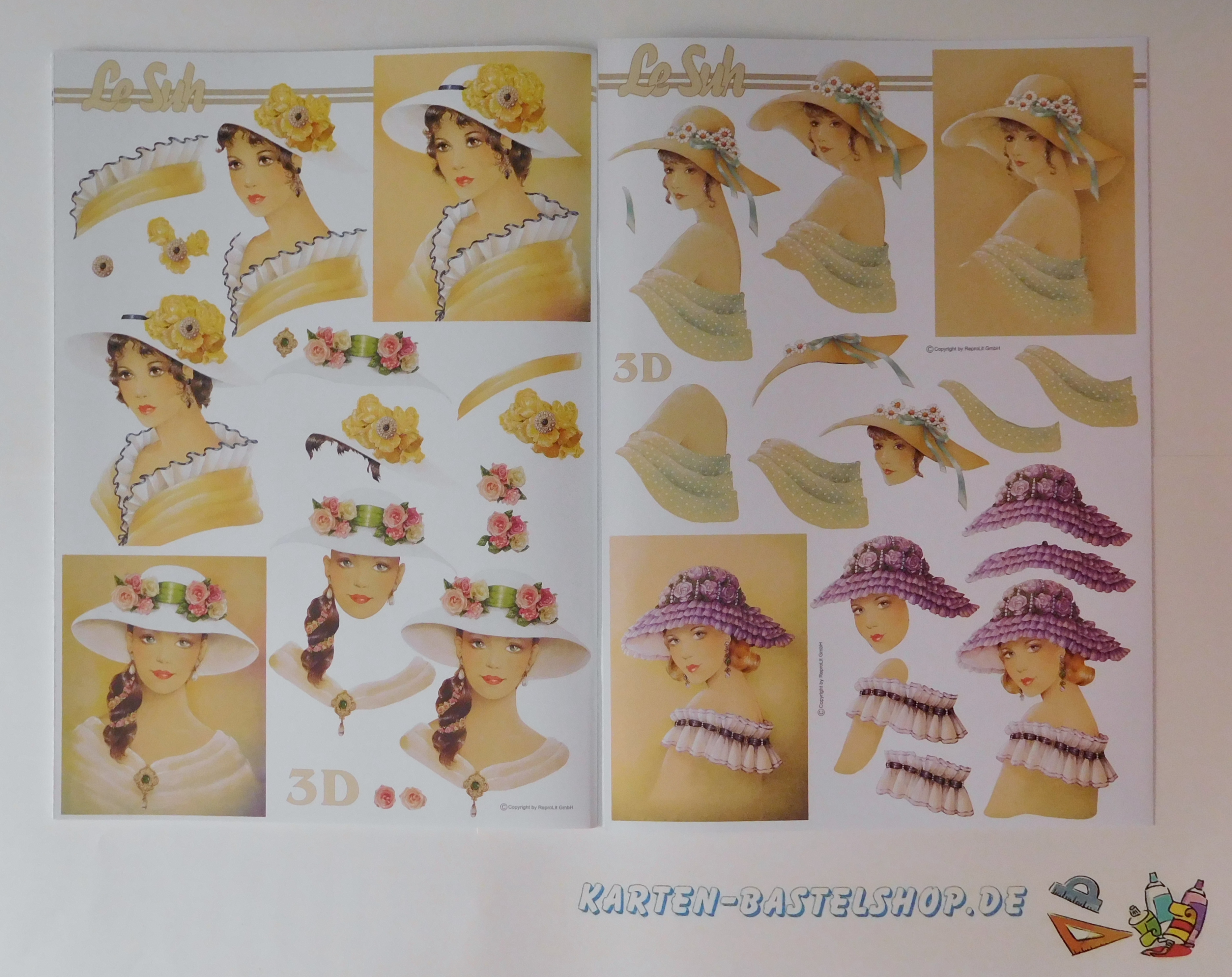 Damenmotive mit Hüten in warmen Gelb- und Cremetönen mit Blüten und Bändern