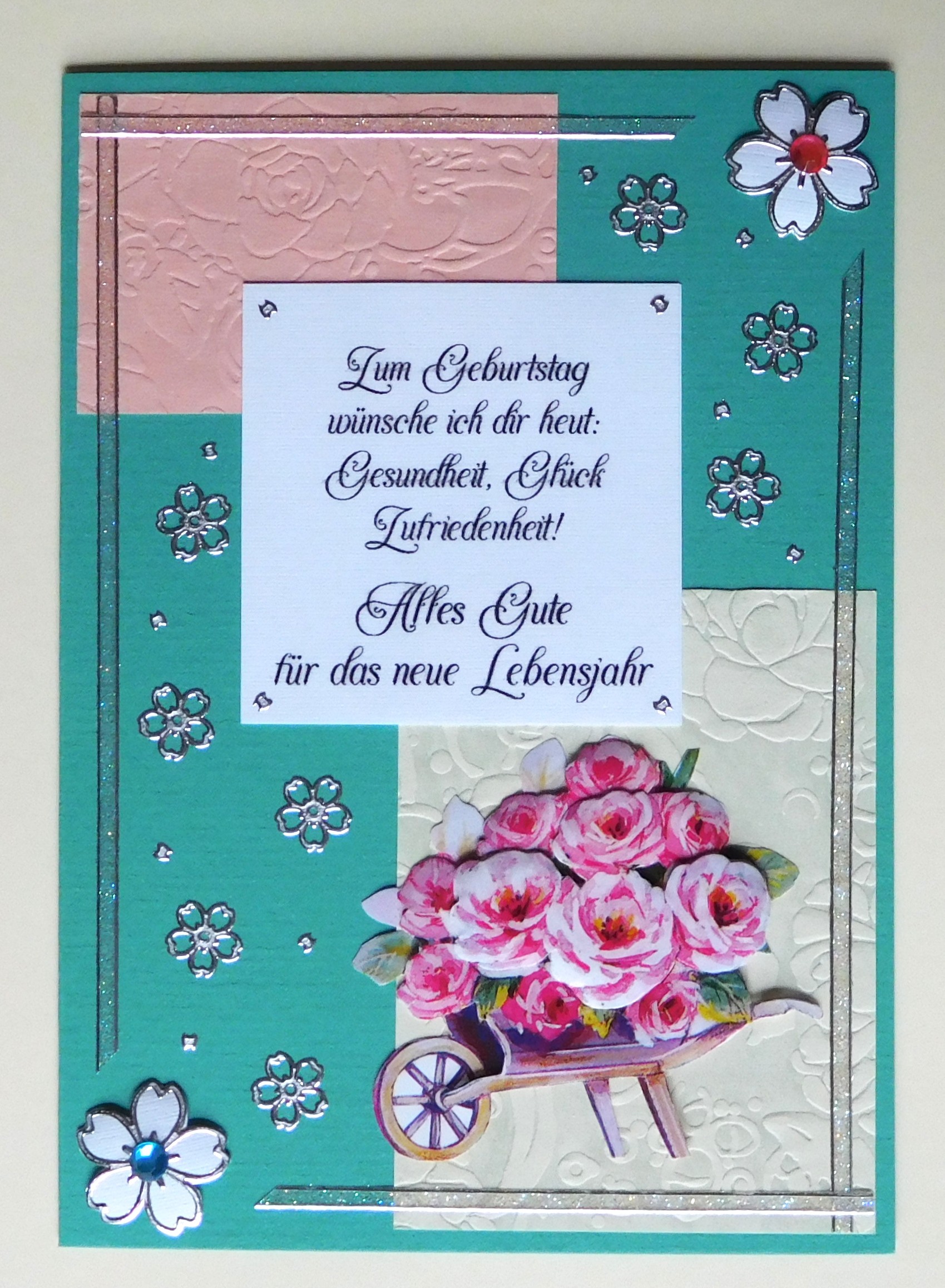Moderne Geburtstagskarte in Türkis mit rosa und elfenbeinfarbenen Flächen
