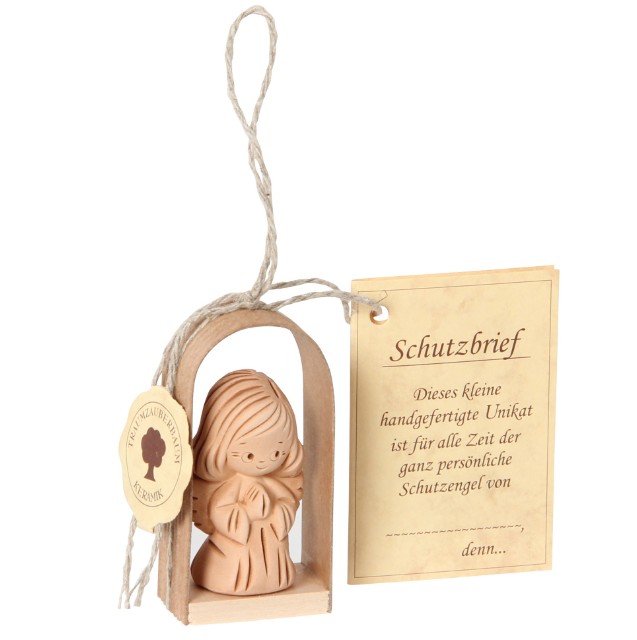 Kniender Schutzengel mit Schutzbrief und Zertifikat
