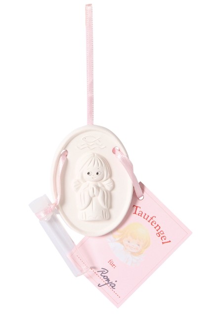 Taufengel rosa als ovales Relief mit Erinnerungsanhänger