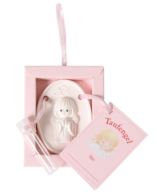 Taufengel rosa in Geschenkverpackung mit Kärtchen und Fläschchen