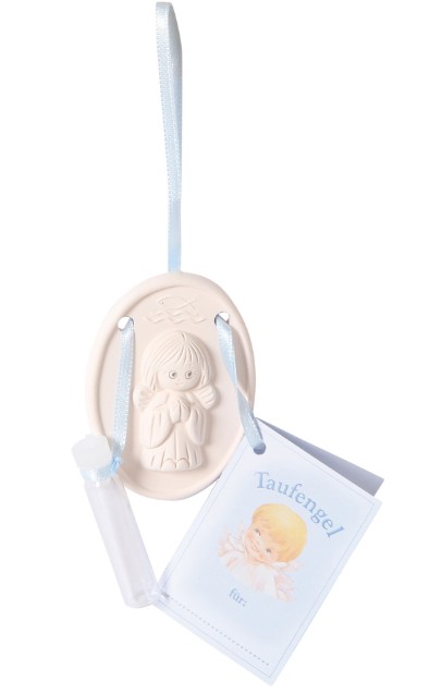 Taufengel hellblau als ovales Relief mit Erinnerungsanhänger