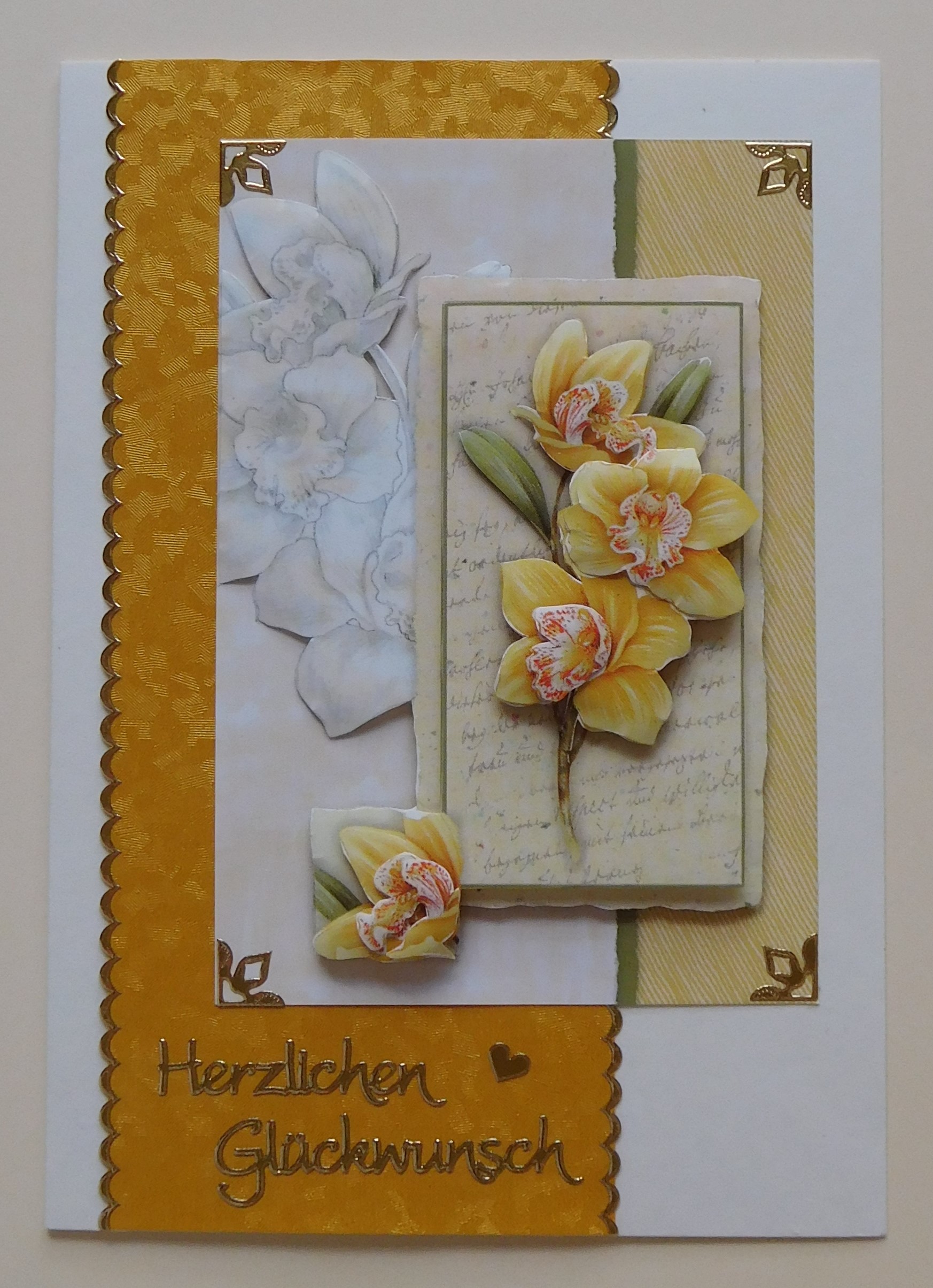 Glückwunschkarte mit gelber Orchidee und goldener Bordüre
