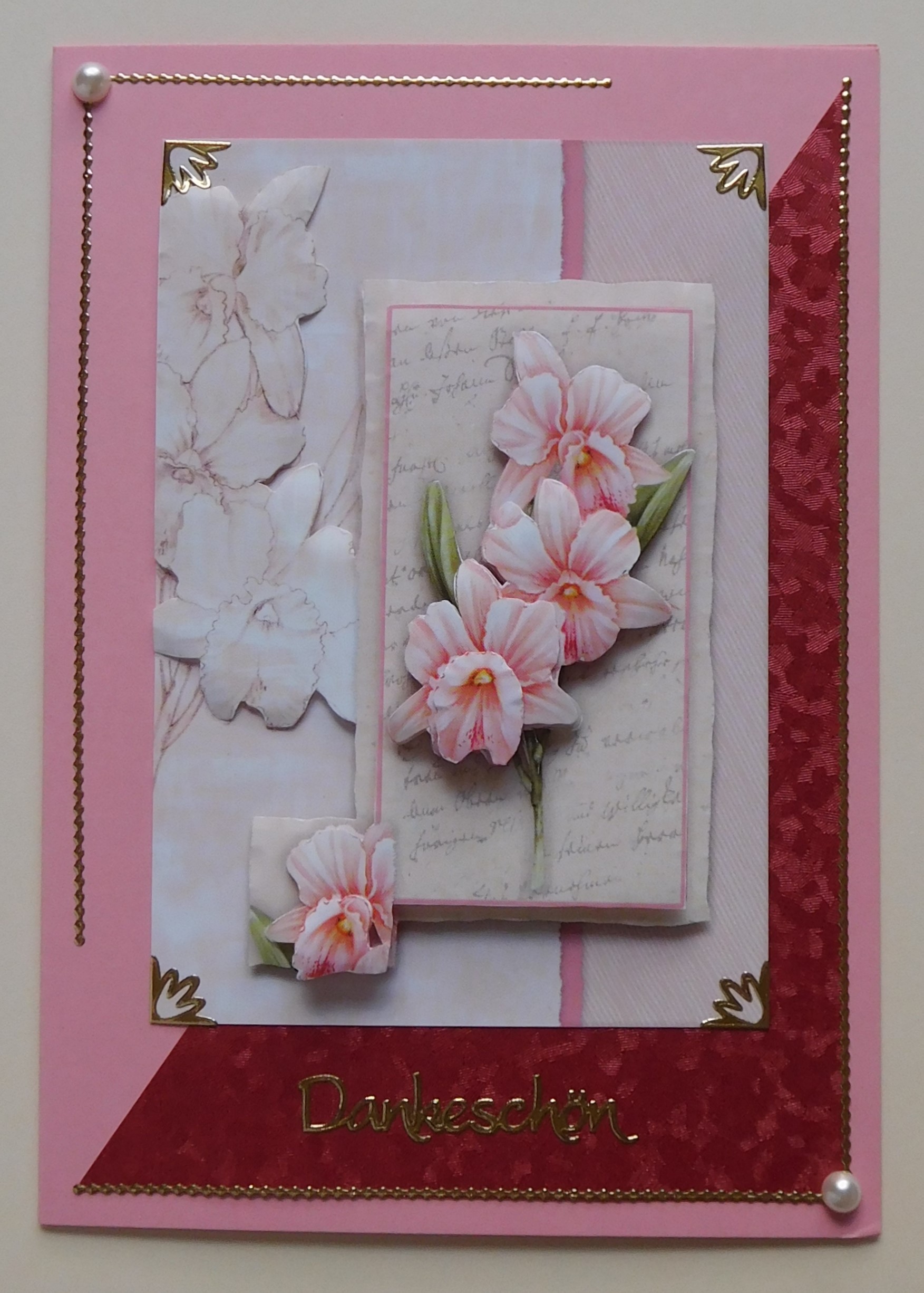 Dankeskarte mit rosa Orchidee und rotem Flitterdreieck