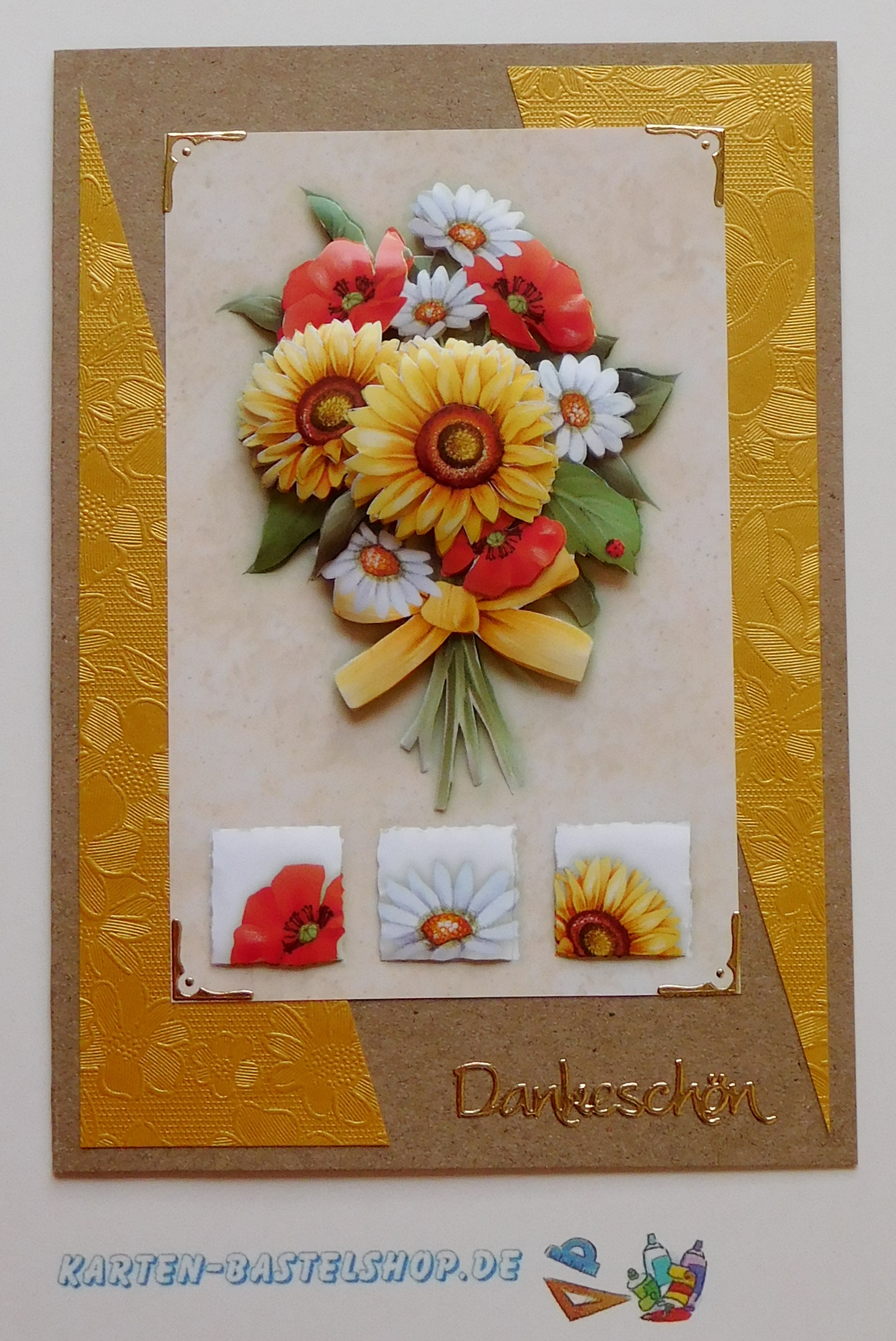 Dankeskarte mit Sonnenblumen auf Naturkarton und goldenen Dreiecken