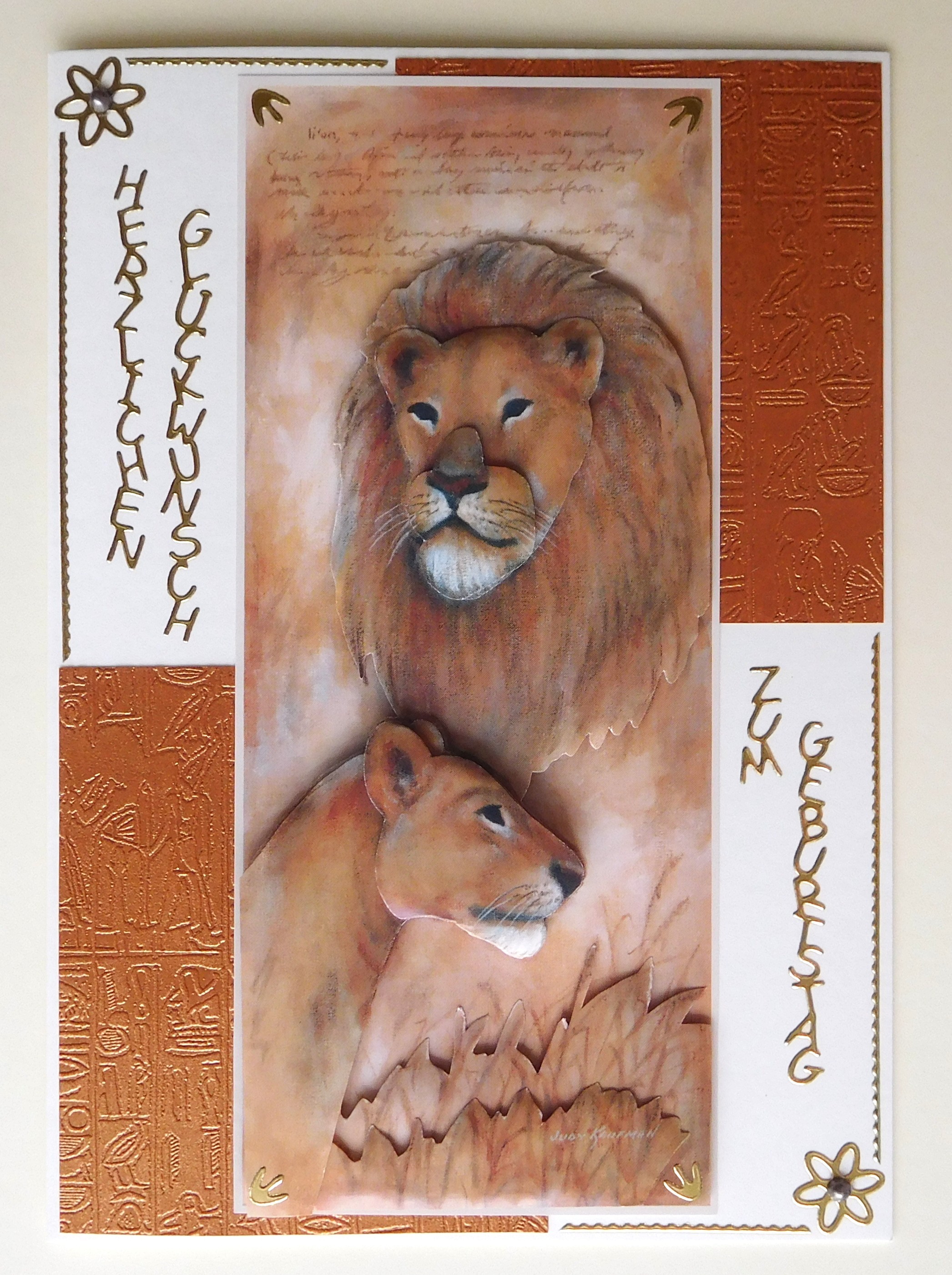 Afrika-Geburtstagskarte mit Löwenpaar und bronzefarbenem Hieroglyphenpapier