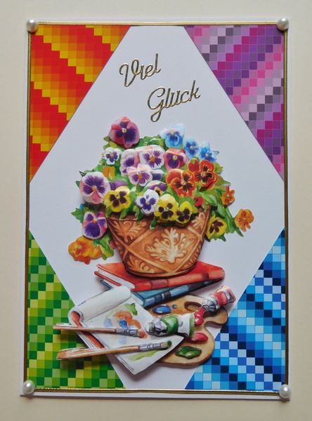 Bunte Glückwunschkarte mit Veilchenmotiv und Karo-Line-Papier