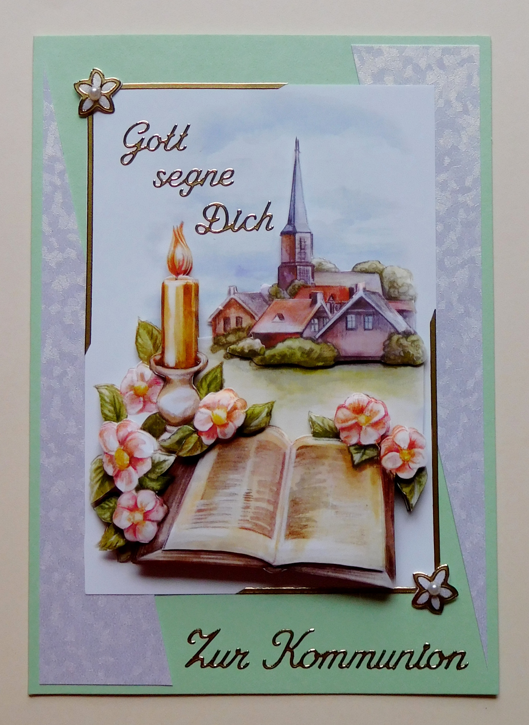 Kommunionskarte in Hellgrün mit Schriftzug Gott segne dich