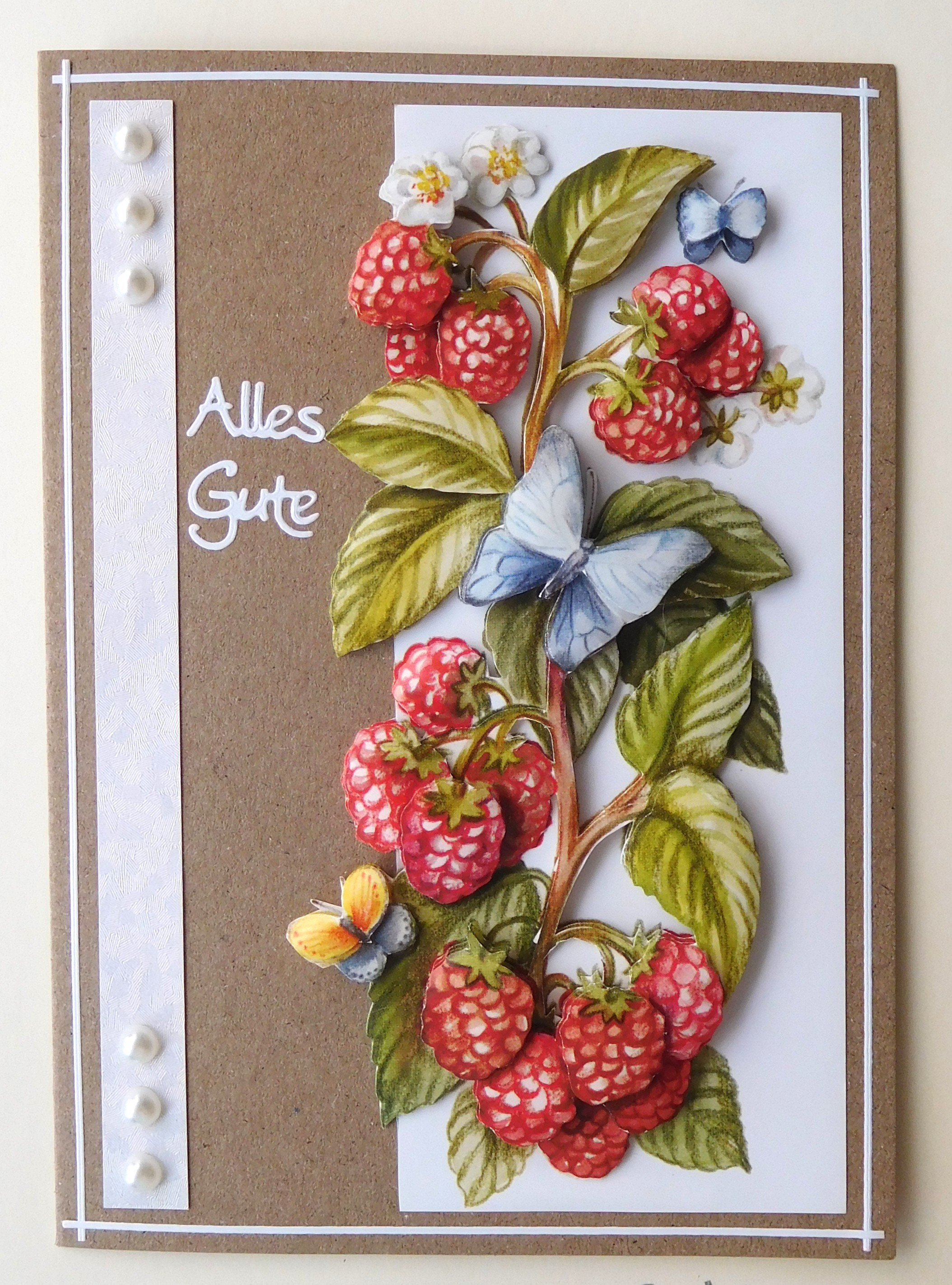Sommerliche Karte mit Himbeeren, Schmetterlingen und dem Gruß Alles Gute