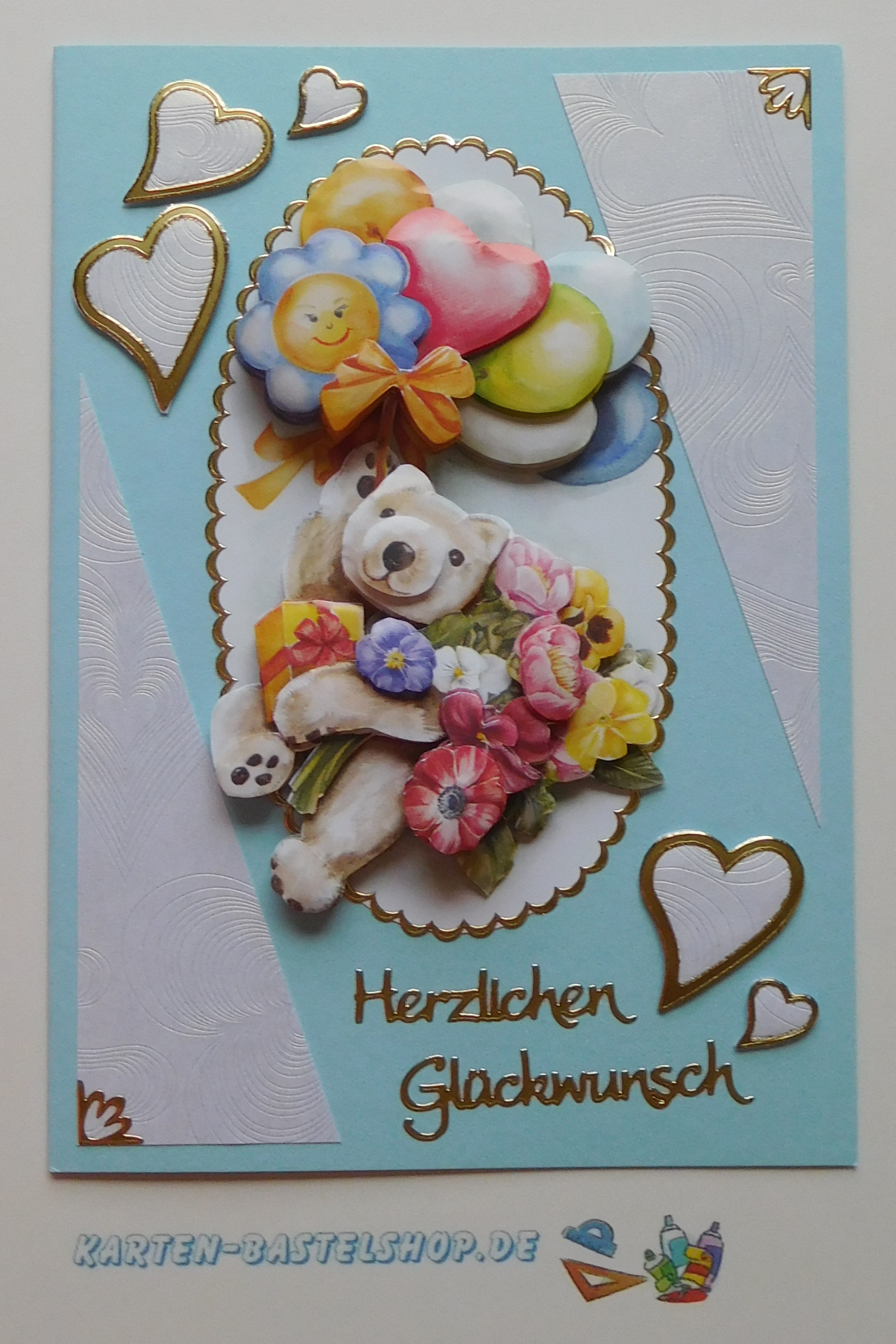 Glückwunschkarte mit Bärchen und Luftballons