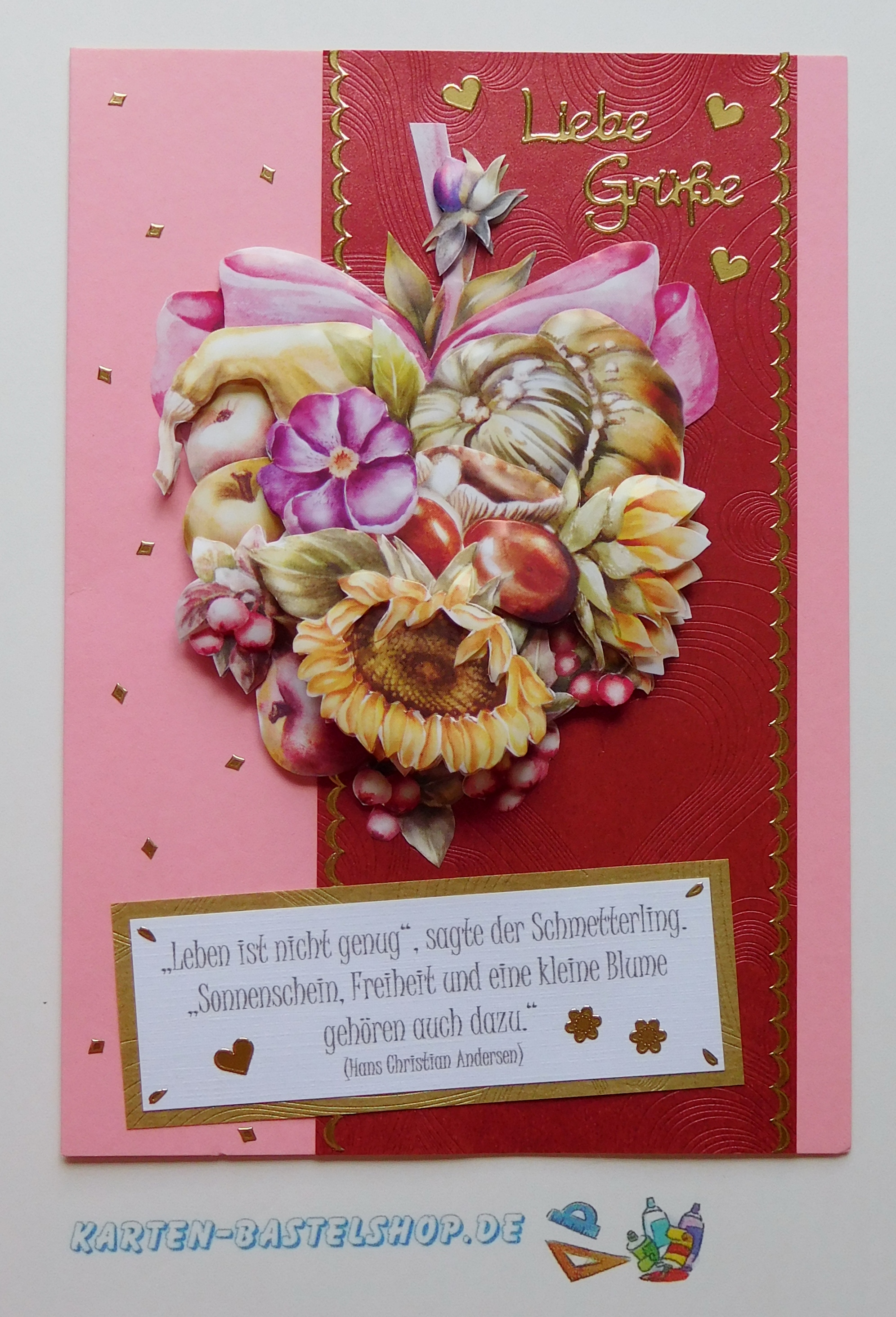 Herbstliche Grußkarte mit Herzmotiv und rotem Streifen