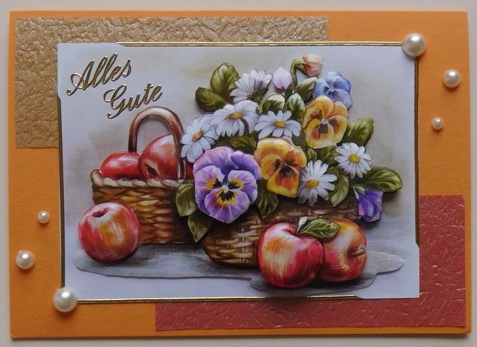 Grußkarte im Querformat in Orange mit Blumenmotiv