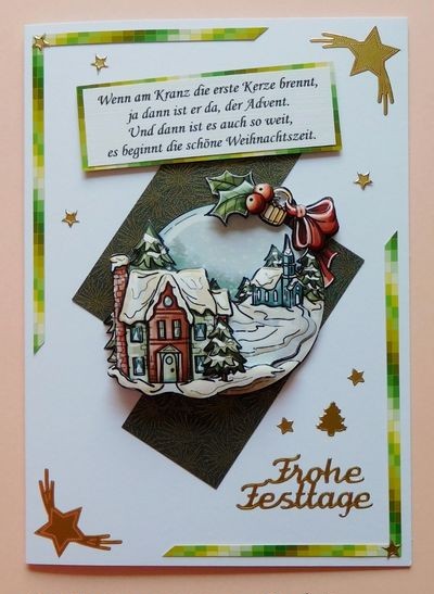Weihnachtskarte mit verschneiter Landschaft und Spruch