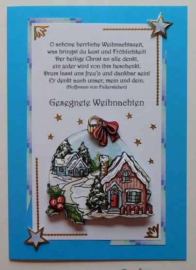 Weihnachtskarte mit Häusern und Spruch Gesegnete Weihnachten