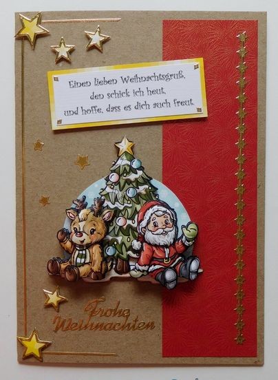 Weihnachtskarte mit Weihnachtsmann, Rentier und Tannenbaum auf Naturkarton
