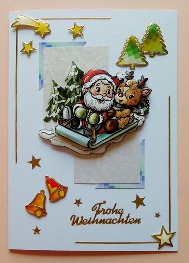 Weihnachtskarte mit Schlittenmotiv und Sternen