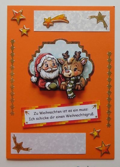Weihnachtskarte in Orange mit Weihnachtsmann und Rentier