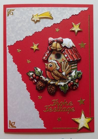 Weihnachtskarte mit Vogelhausmotiv und roten Flächen