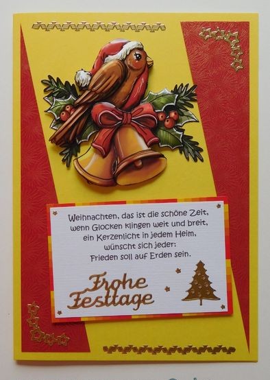 Weihnachtskarte mit Glockenmotiv und Vogel auf gelbem Hintergrund