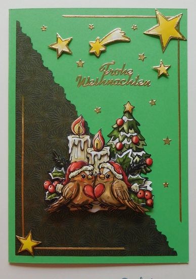 Weihnachtskarte mit Kerzenmotiv und Vögeln auf grünem Hintergrund