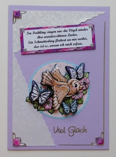 Frühlingskarte mit Vogel und Schmetterlingen auf lila Karte