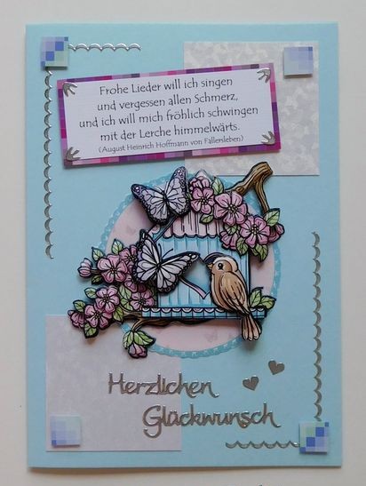 Glückwunschkarte mit Vogelhaus und Blüten auf hellblauer Karte