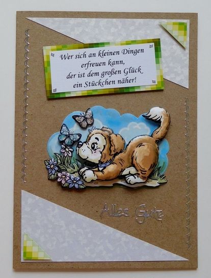 Grußkarte mit Hündchen und Blumen auf naturfarbener Karte